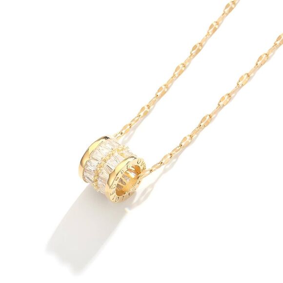 18K Gold Plated Stainless Steel Cubic Zirconia Cylinder Necklace Hypoallergenic - Picture 1 of 11